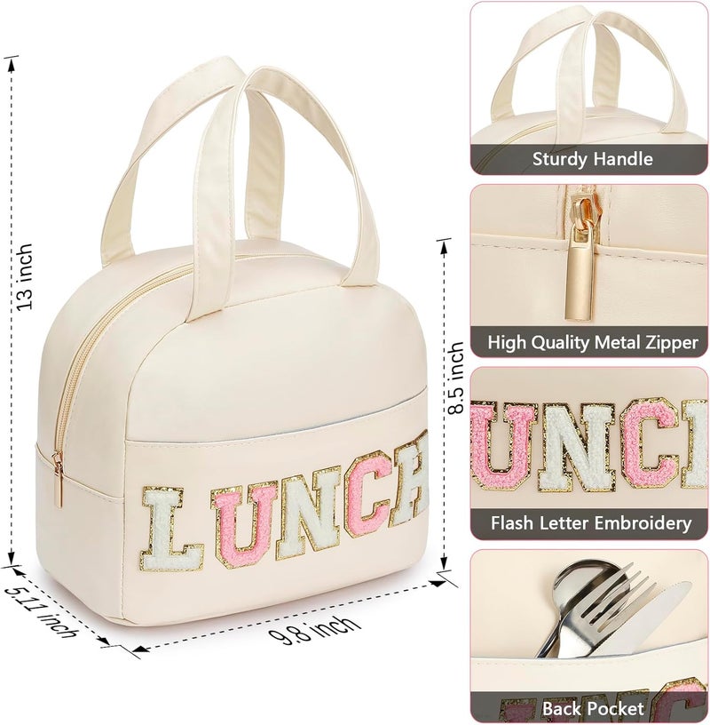DIRGEE Lunch Bag for Women Insulated For Men PU leather Small Office Work lunch with Chenille Letters Leakproof Freezable Cooler Reusable Portable Box (White) - Image 2